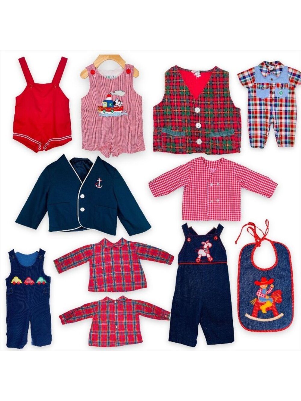 Vintage Baby Boys Red Plaids / Navy Blue / Denim Bundle Lot of 10 - 0 - 12m